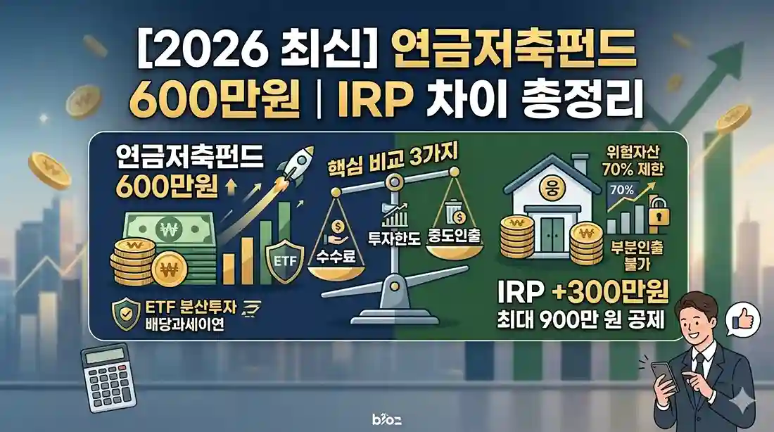 2026년 최신 기준 연금저축펀드 세액공제 600만원 한도와 IRP의 핵심 차이점 3가지를 비교한 직장인 연말정산 절세 전략 이미지