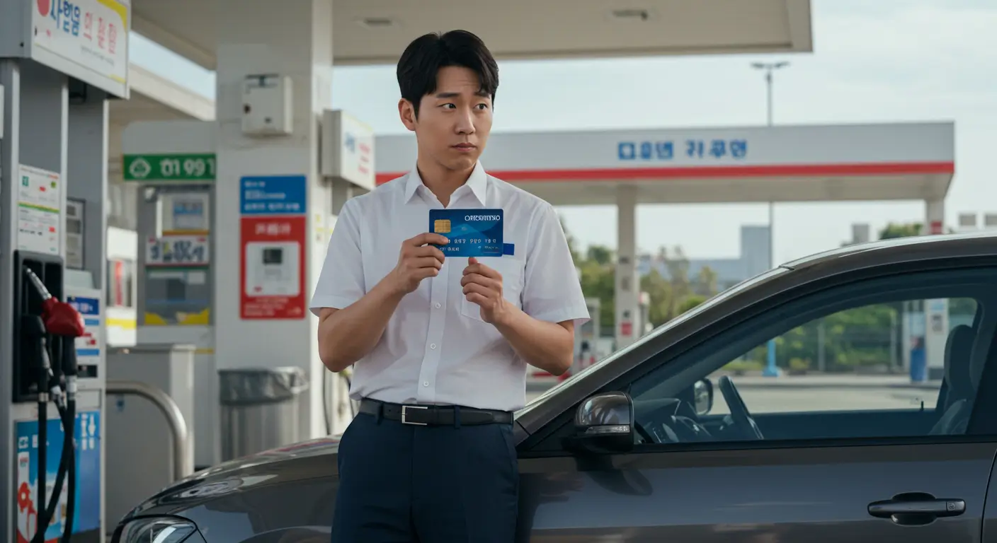 민생회복 소비쿠폰 사용처 주유소, 한 운전자가 주유소 주유기 앞에서 민생회복 소비쿠폰 카드를 들고 사용이 가능한지 고민하는 모습