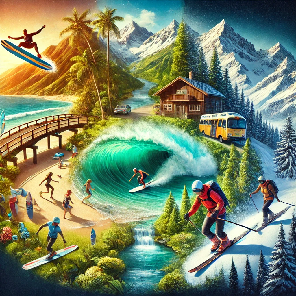 서핑, 스키, 하이킹 스포츠 휴양지 관련 사진