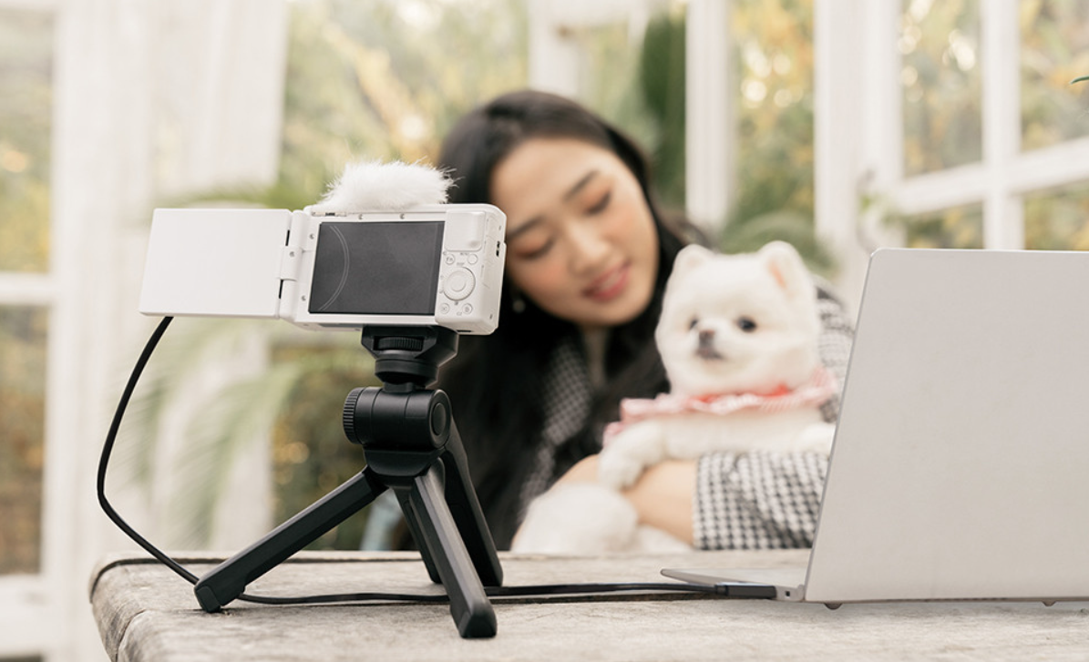 ZV-1으로 반려견을 촬영하는 모습