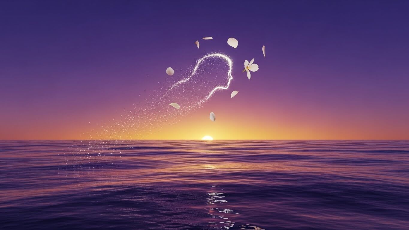 바다위-얼굴모양의흰선과꽃이 날리고 있다