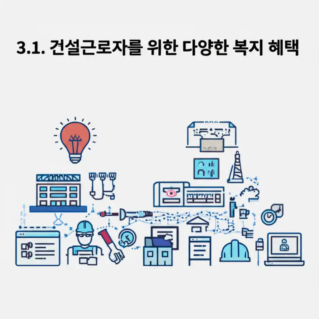 3.1. 건설근로자를 위한 다양한 복지 혜택, 건설근로자 공제회가 제공하는 교육, 건강, 금융 지원 모습.