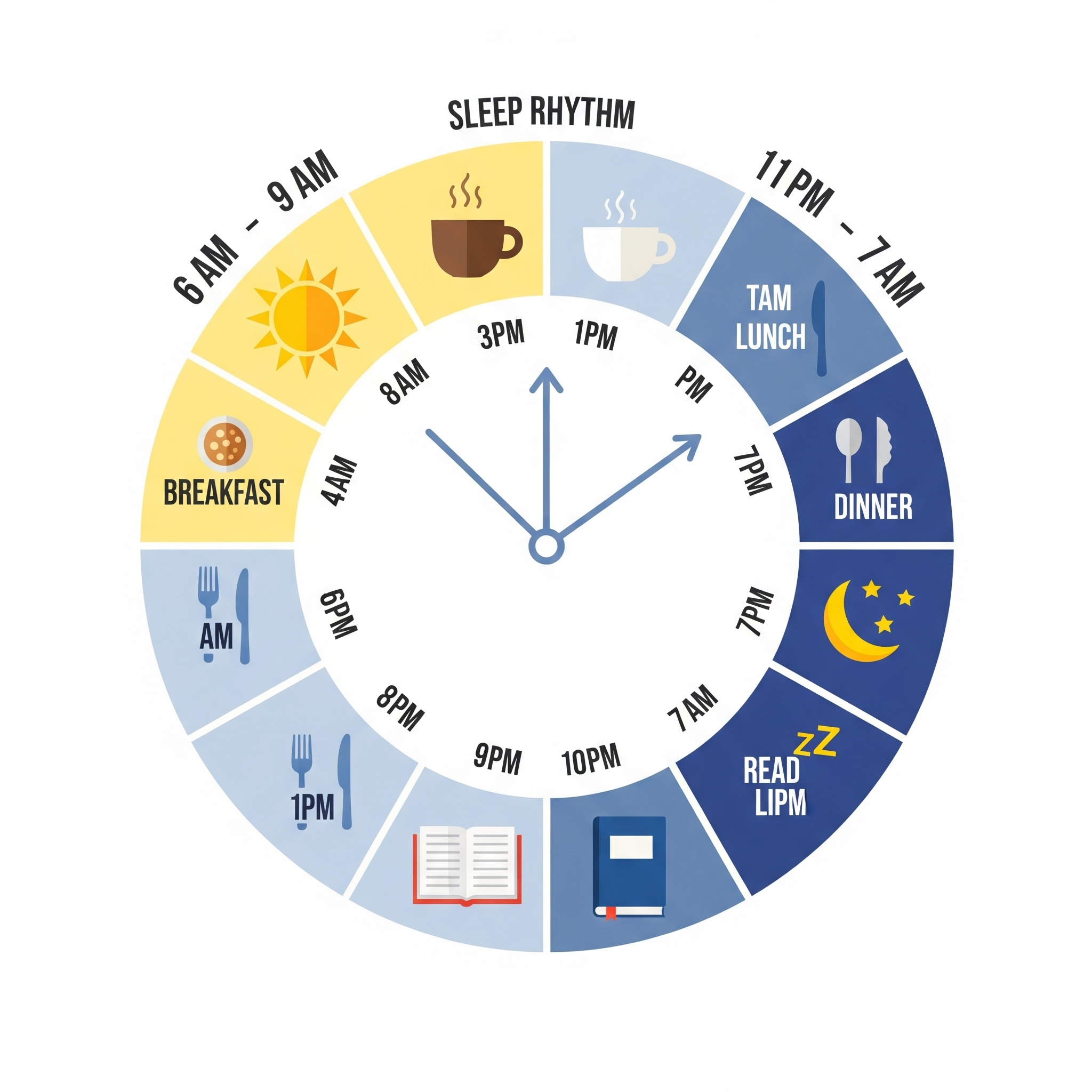 24시간 시계 형태의 인포그래픽으로 위의 수면 리듬 스케줄을 시간대별로 표시