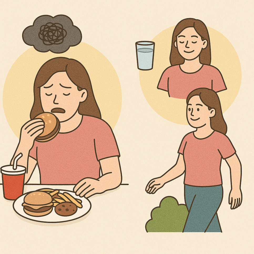 스트레스로 폭식하는 여성과 다이어트 실패 방지법이 담긴 이미지.