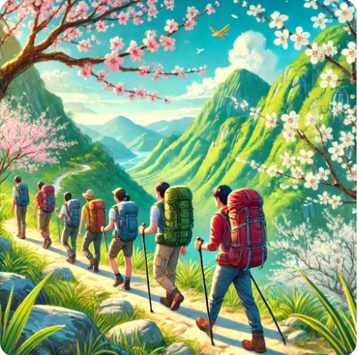 봄에 등산을 하고 있는 등산객의 사진