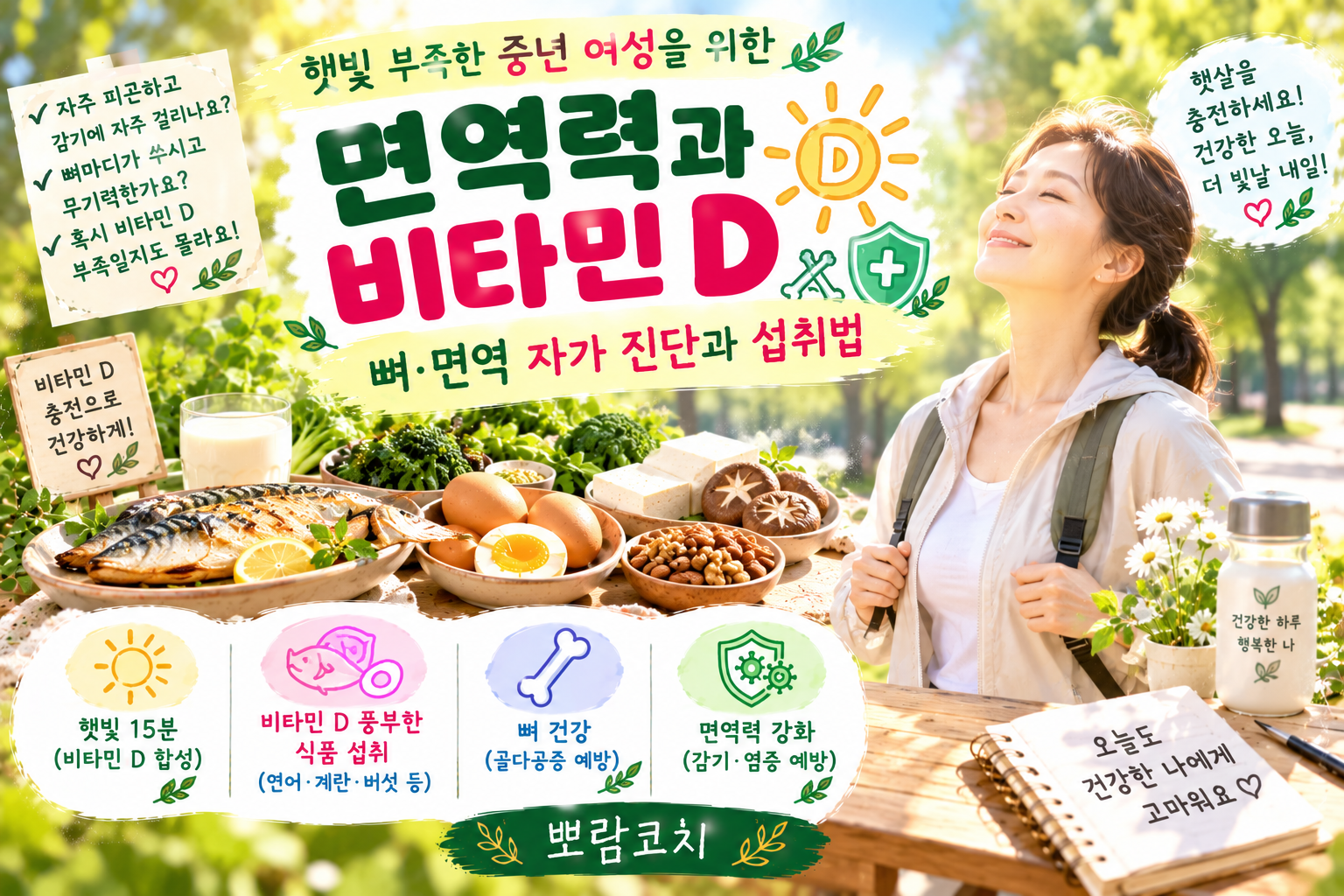 따스한 낮 햇살을 받으며 산책로를 가볍게 거니는 힐링 가득한 모습