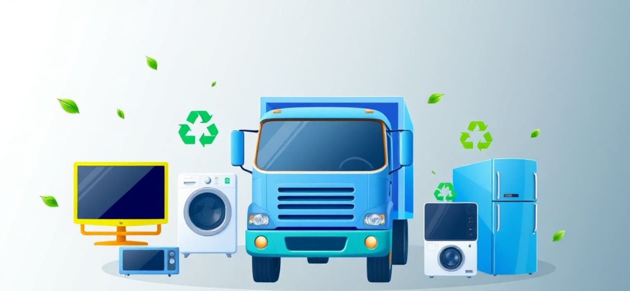 TV와 전자제품 무상수거 서비스 제공하는 트럭과 폐가전제품들.