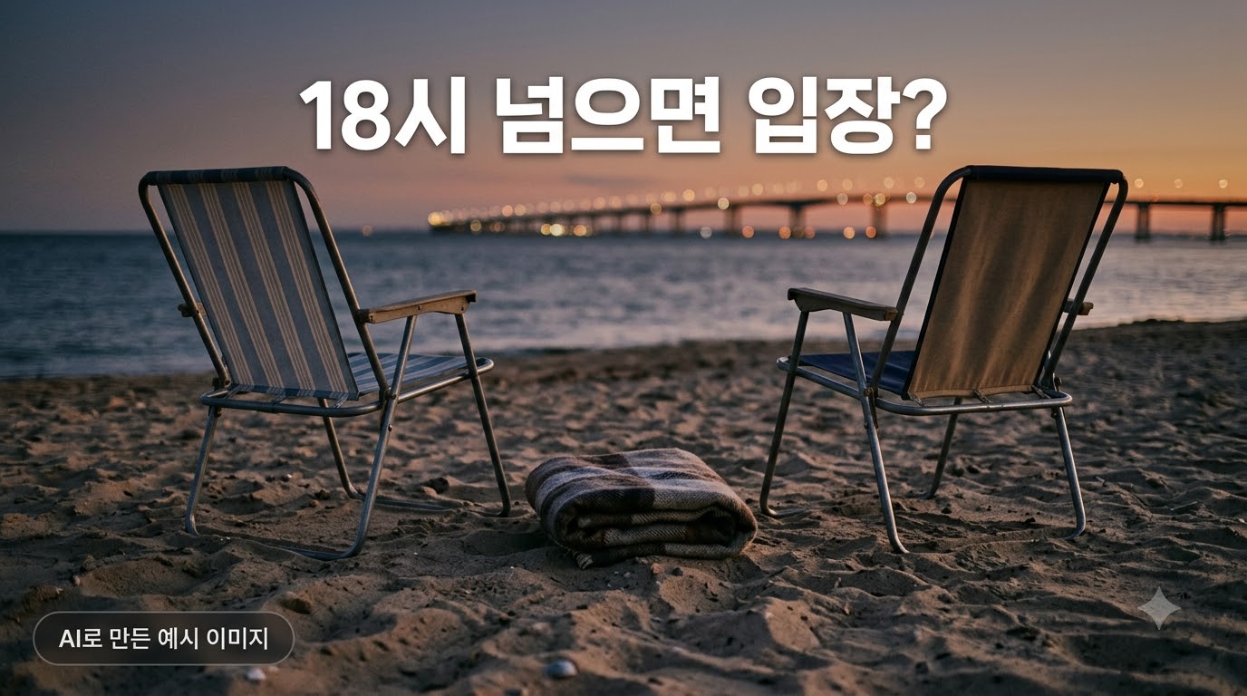 해 질 녘 모래 위에 놓인 접이식 의자와 담요