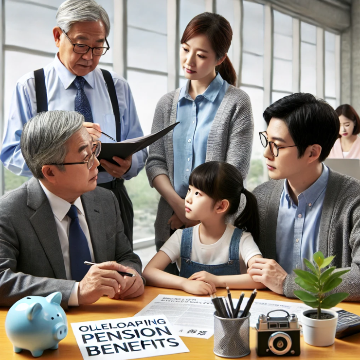 중복 급여에 관한 상담을 진행중인 가족과 연금 상담원의 모습