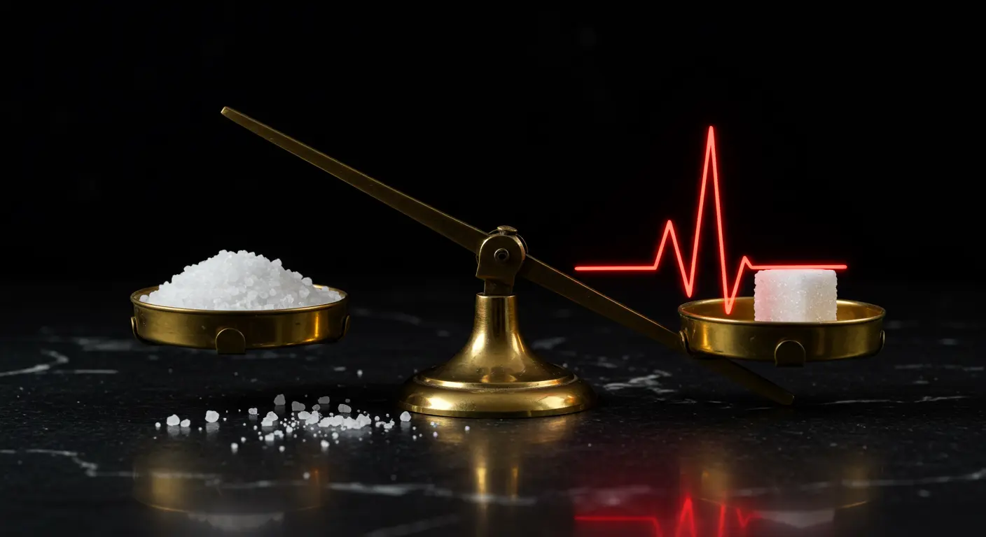 황동 저울 위, 소금보다 무겁게 기울어진 설탕과 그 뒤로 보이는 심장 박동 그래프. 식단 관리의 관점을 바꾸게 된 계기를 상징합니다.