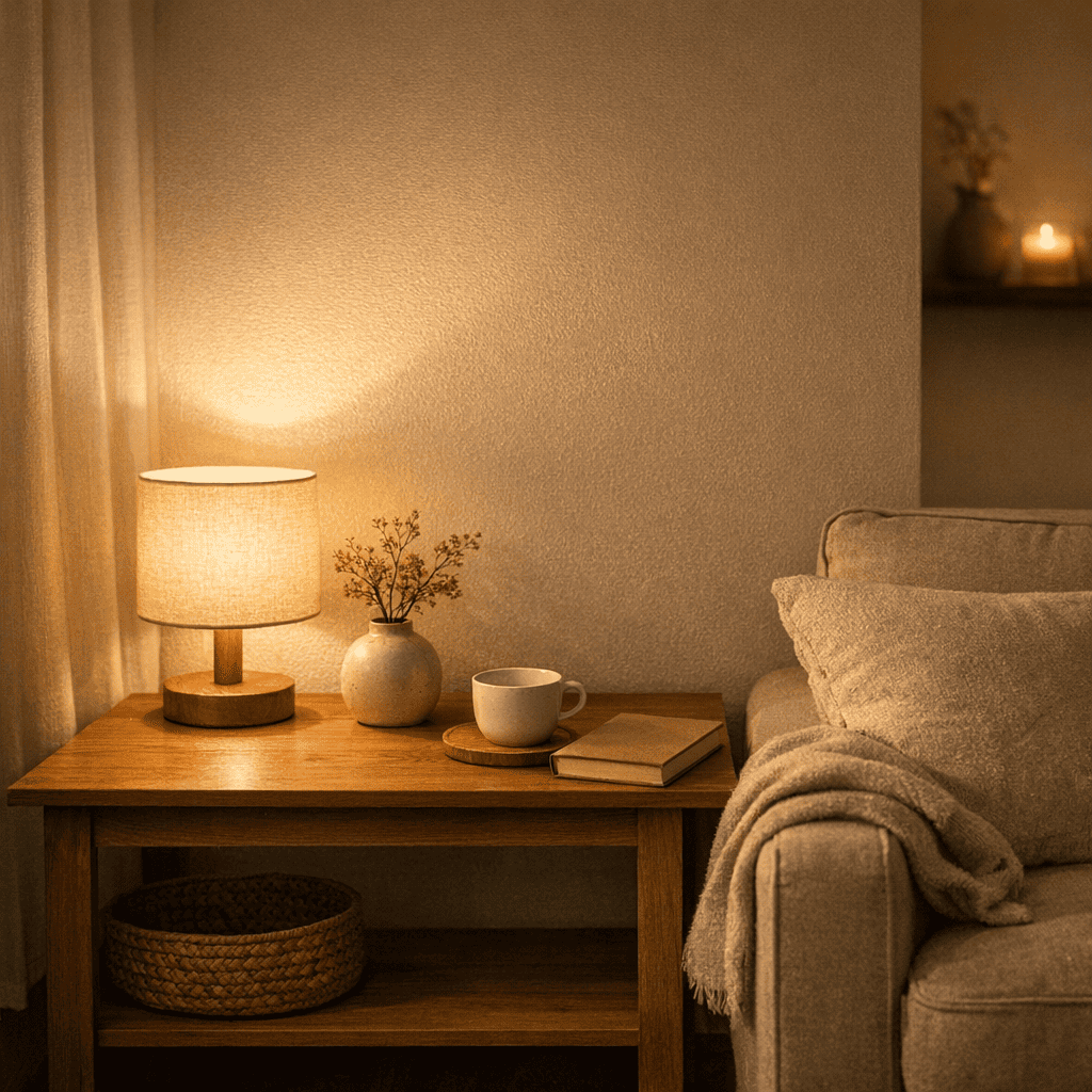 저녁 시간대 조명이 낮게 켜진 실내 공간과 하루가 정리된 듯한 고요한 분위기