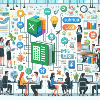 엑셀 표와 관련된 다양한 아이콘들이 배열된 이미지, 사무 환경에서 사용되는 기술을 강조합니다.
