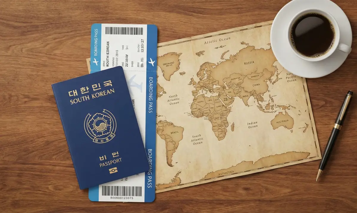 여행 계획을 세우며 여권과 비행기 티켓, 지도를 테이블 위에 올려둔 모습