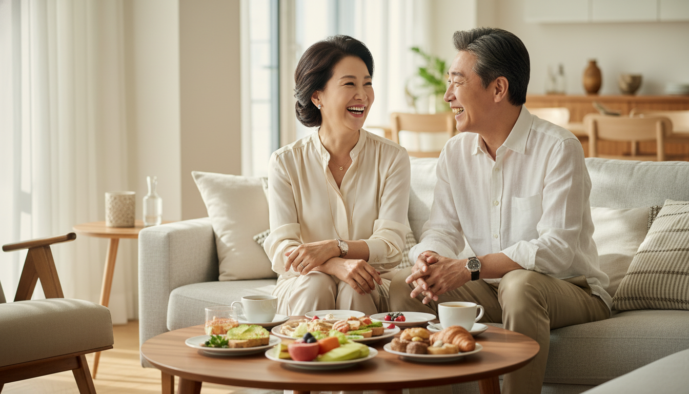 손흥민 LAFC 이적. 화창한 일요일 아침, 햇살이 가득한 모던한 거실에서 브런치를 즐기며 환하게 웃고 있는 세련된 60대 한국인 부부, 피사계 심도가 얕은 하이엔드 매거진 스타일의 에디토리얼 사진.