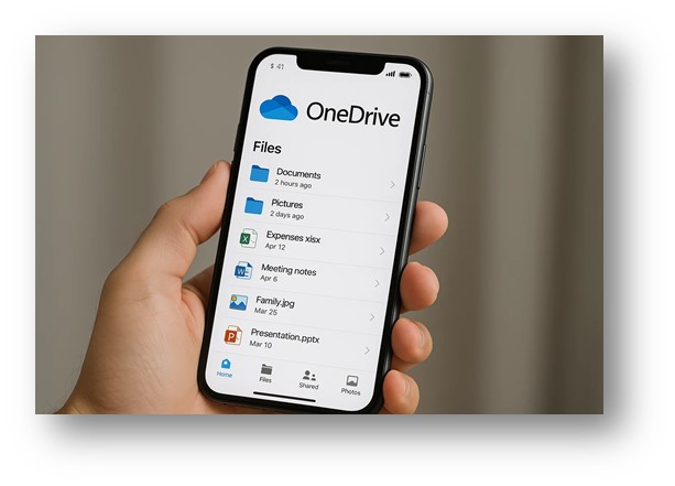 마이크로소프트의 OneDrive를 스마트폰에 설치해서 파일을 백업하며 사용하는 모습