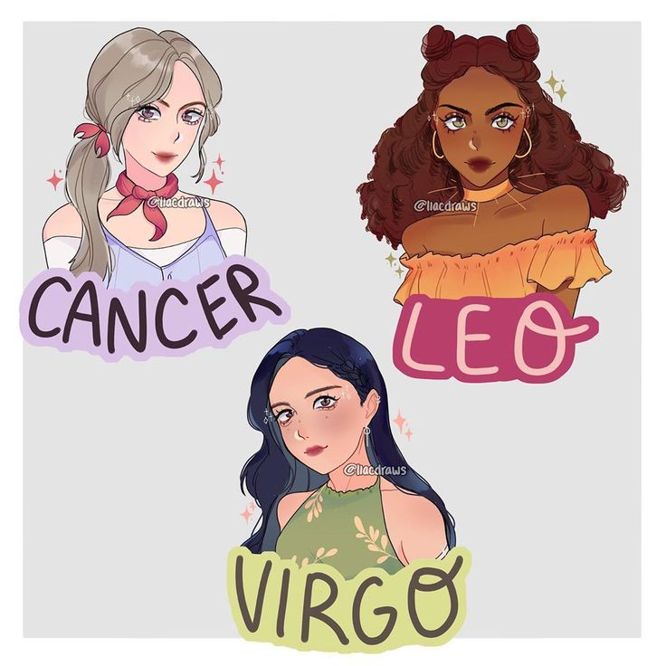 게자리, 사자자리, 처녀자리 특징을 담은 소녀 일러스트들.