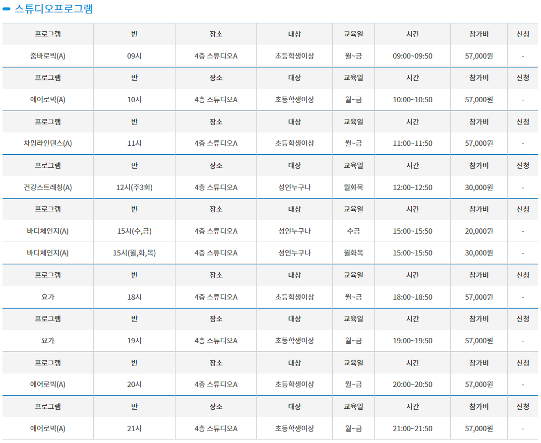 부산 북구국민체육센터 줌바로빅, 에어로빅, 차밍라인댄스, 바디체인지, 요가 등 교육일, 시간, 참가비 등 프로그램 안내