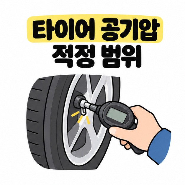 타이어 공기압 적정 범위 제목 아래 손으로 타이어 밸브에 공기압 측정기를 밀착시키는 대표 이미지