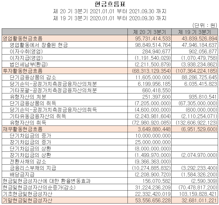 테스나 현금흐름표 (2021년 3분기)