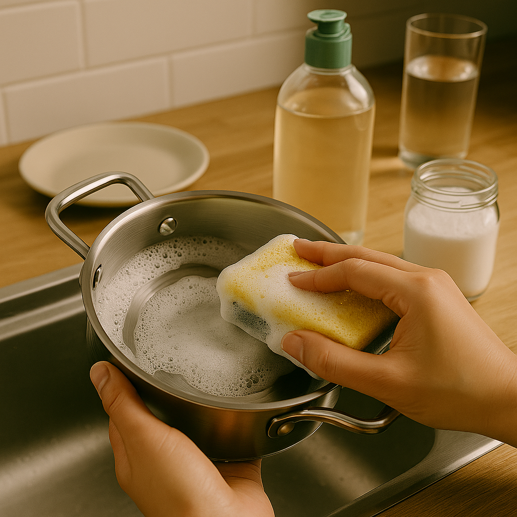 주방 싱크대에서 부드러운 스펀지로 스테인리스 냄비를 거품 내어 세척하는 손. 옆에는 투명 용기에 담긴 베이킹소다와 식초, 주방세제가 놓여 있음