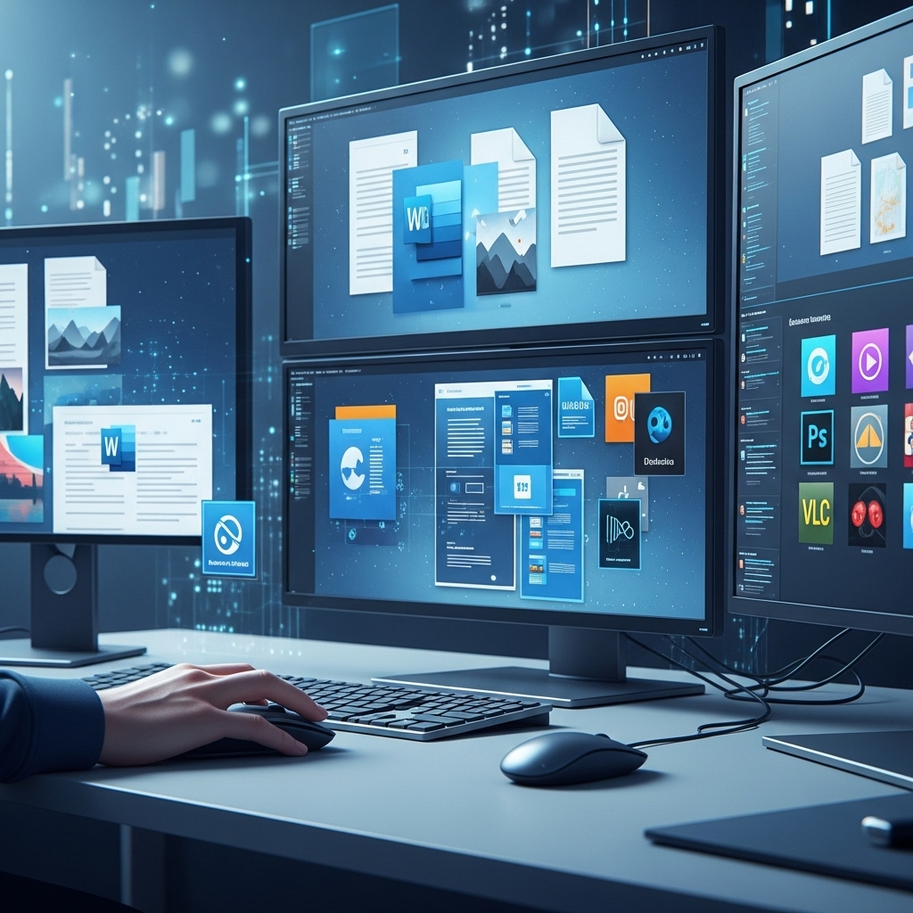 2025년 윈도우 데스크탑에서 파일 확장자별 연결 프로그램을 설정하는 모습. 다양한 파일 아이콘과 앱 아이콘이 보이며, 사용자가 마우스로 설정을 조작하고 있다.