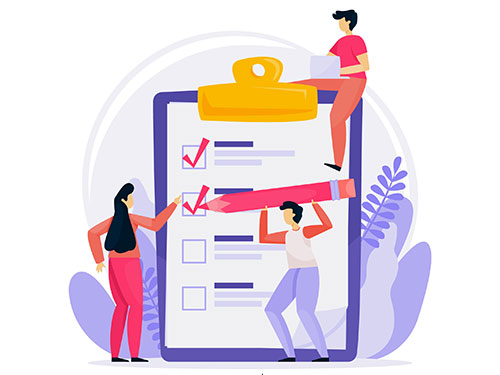 체크리스트를 작성하는 다양한 사람들이 등장하는 일러스트. 한 사람은 서류를 들고 있고&amp;#44; 다른 사람은 체크리스트를 붙이고 있으며&amp;#44; 세 번째 사람은 점검 중인 모습입니다