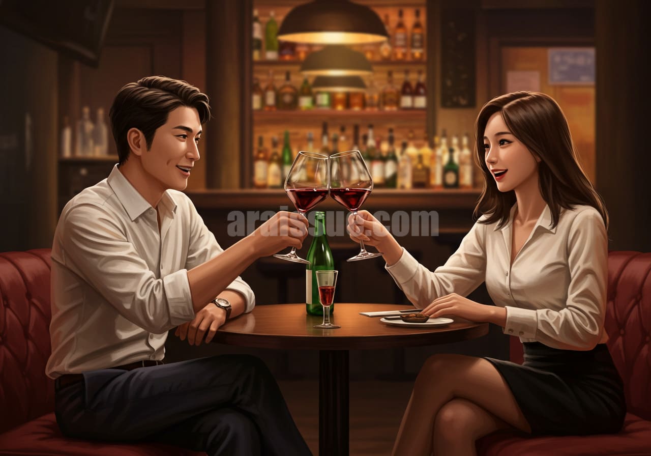 한국인 남녀가 조용한 라운지 바에서 와인잔을 들며 편안한 분위기를 연출하고 있습니다.