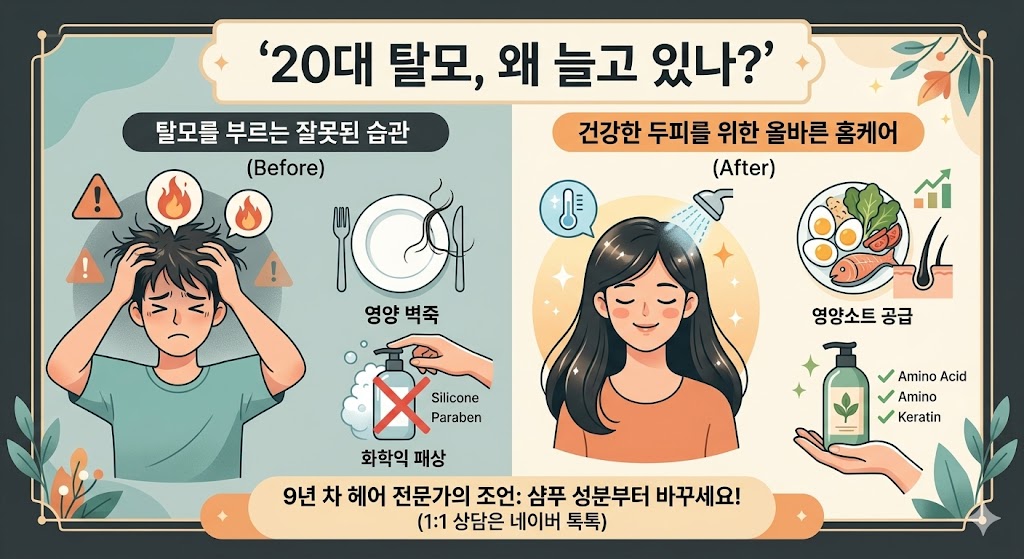 20대 탈모 유발 잘못된 습관과 올바른 두피 홈케어 비포애프터 인포그래픽, 9년 차 헤어 전문가 조언