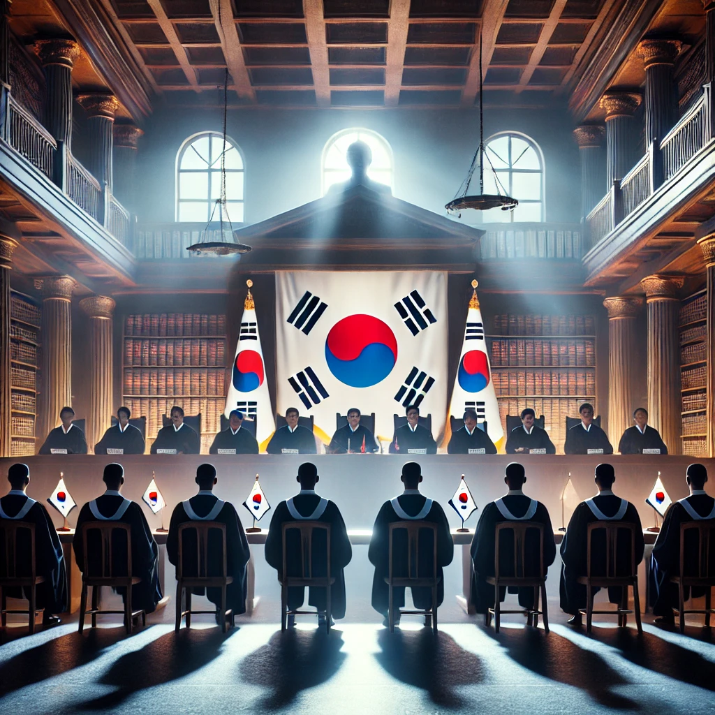 대한민국 국기를 배경으로 재판이 진행되는 헌법재판소 내부 