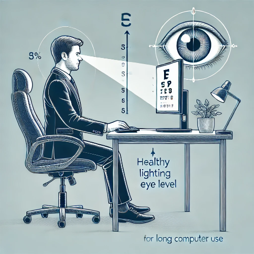 눈 건강을 위한 올바른 컴퓨터 사용 자세와 모니터 위치, 적절한 조명이 있는 작업 공간