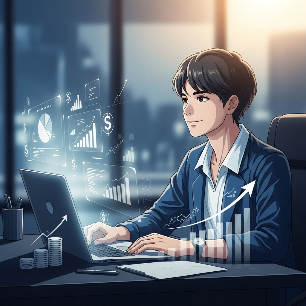 노트북을 보며 밝게 웃는 청년이 미래를 계획하는 모습. 파란색과 회색 톤으로 희망찬 미래와 금융 성장을 상징합니다.