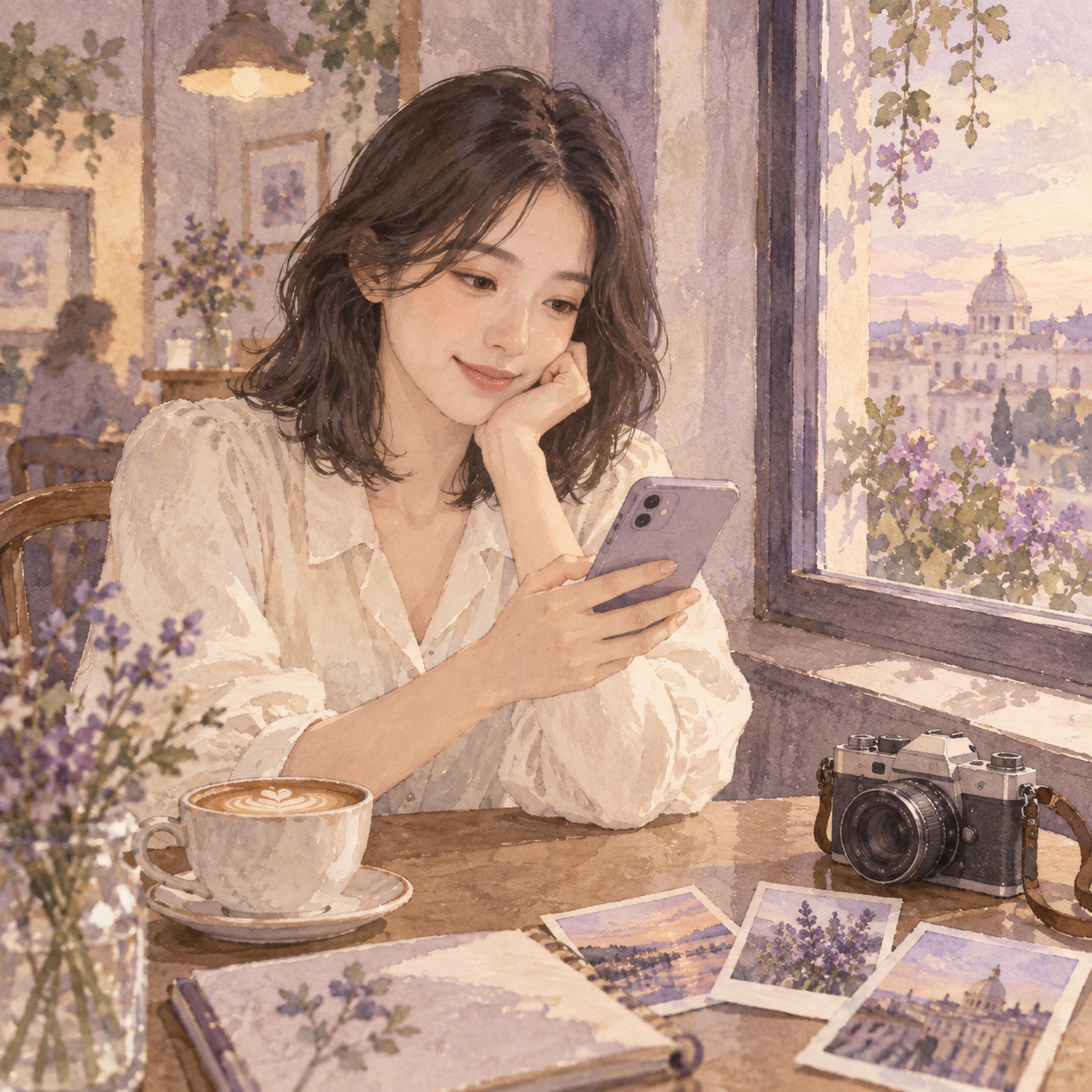 카페 창가에서 휴대폰 메시지를 보며 마음을 돌아보는 지우