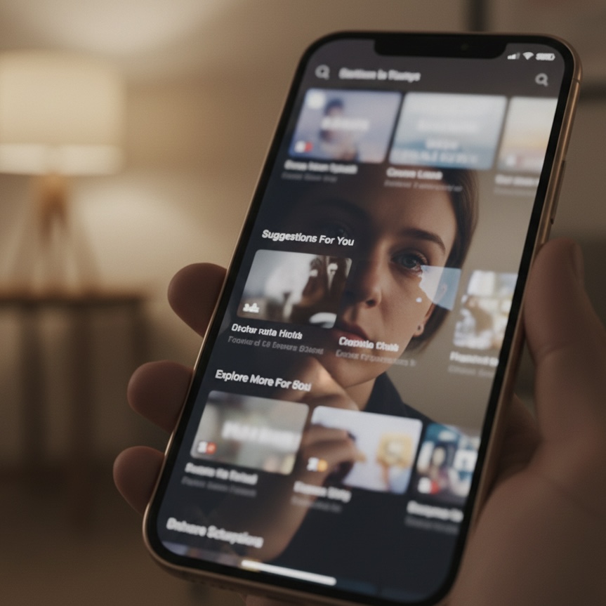 추천 시스템 화면을 보며 선택에 거리감을 느끼는 사용자 모습