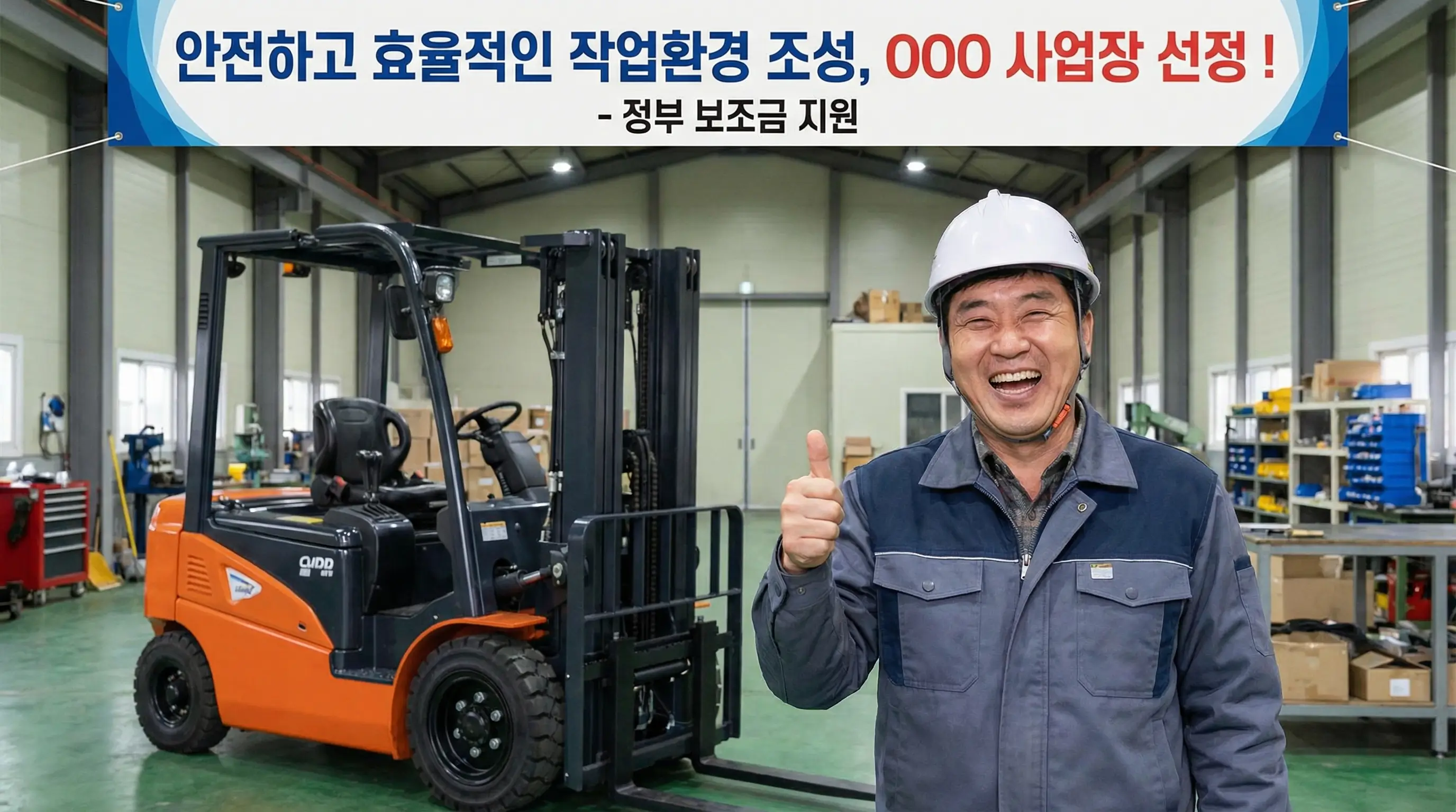 보조금을 받아 새 지게차를 구매한 사업주가 안전모를 쓰고 환하게 웃으며 엄지를 치켜세우는 모습
