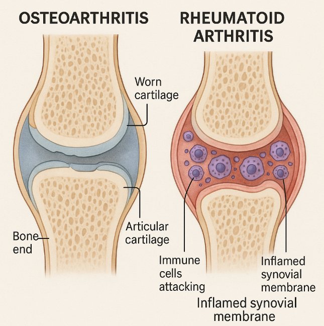 퇴행성 관절염과 류마티스 관절염의 차이를 보여주는 비교 이미지