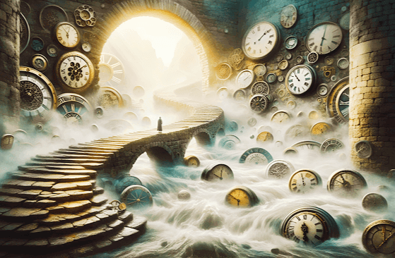 휘어진 돌계단이 있고 그 양 옆과 벽에는 온통 동그란 벽시계들이 가득하다.