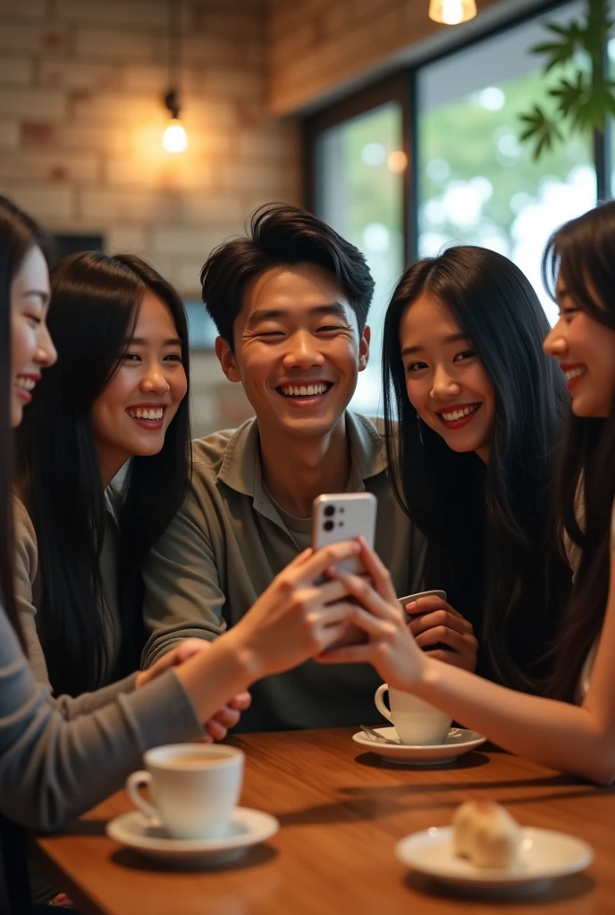 휴대폰을 보며 기분좋게 웃는 남자와 여자들