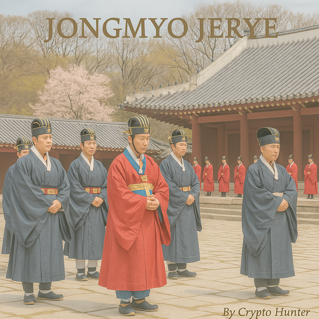 2025년 종묘대제에서 전통 복장을 입은 제관들이 종묘 정전 앞에서 엄숙히 제례를 진행하는 장면