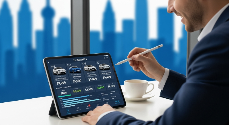 30대 직장인이 태블릿으로 여러 전기차 모델과 지자체별 보조금 혜택을 비교하며 첫차 구매를 계획하는 모습