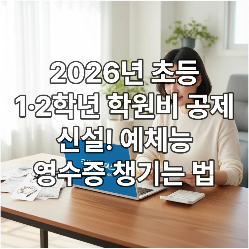 거실 테이블에서 2026년 연말정산을 위해 태권도 및 미술 학원비 영수증과 계산기를 챙기고 있는 학부모의 모습