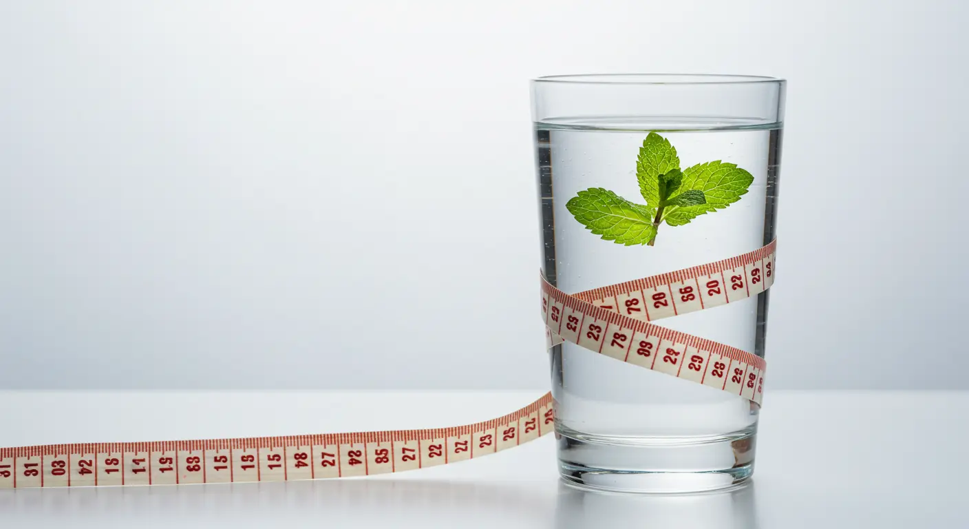 물잔에 허리둘레 잔을 두르고 있는 장면 : 물마시기 챌린지 도전을 통한 긍정적인 변화를 상징함.