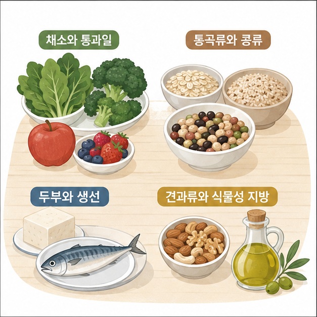 잎채소와 브로콜리, 통과일, 귀리, 현미와 보리, 콩, 두부, 생선, 견과류와 식물성 기름 등 지방간 식단에 활용하기 좋은 10가지 식품을 보여 주는 그림