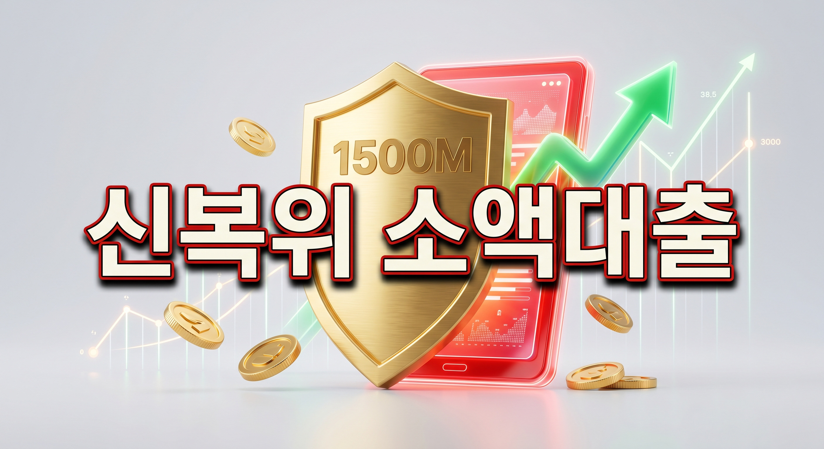 숫자 1500이 새겨진 견고한 황금 방패가 붉은색 디지털 문서를 보호하고 있으며, 주변에 빛나는 금화와 초록색 상승 화살표가 있는 3D 일러스트 배경에, 짙은 그림자와 외곽선으로 선명하게 강조된 '신복위 소액대출'이라는 한글 문구가 중앙에 적힌 이미지