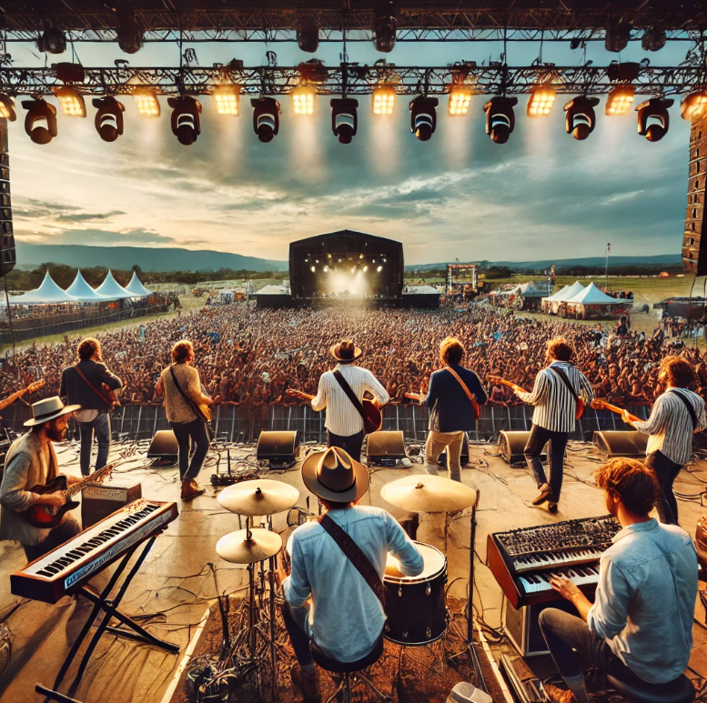 넓은 야외 공연장에서 인디 밴드가 열정적으로 공연하는 모습