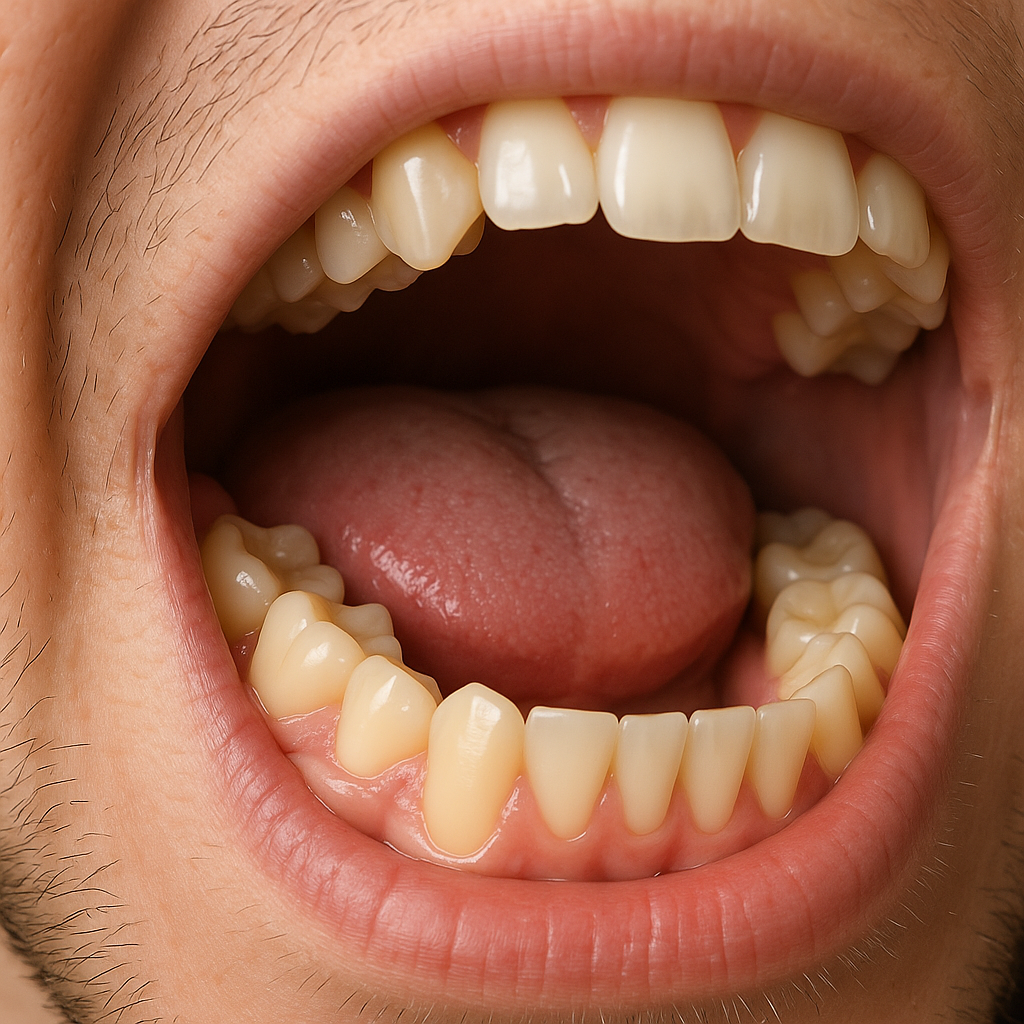 입을 크게 벌린 구강 클로즈업, 아래쪽 사랑니와 어금니 배열이 보이는 사진