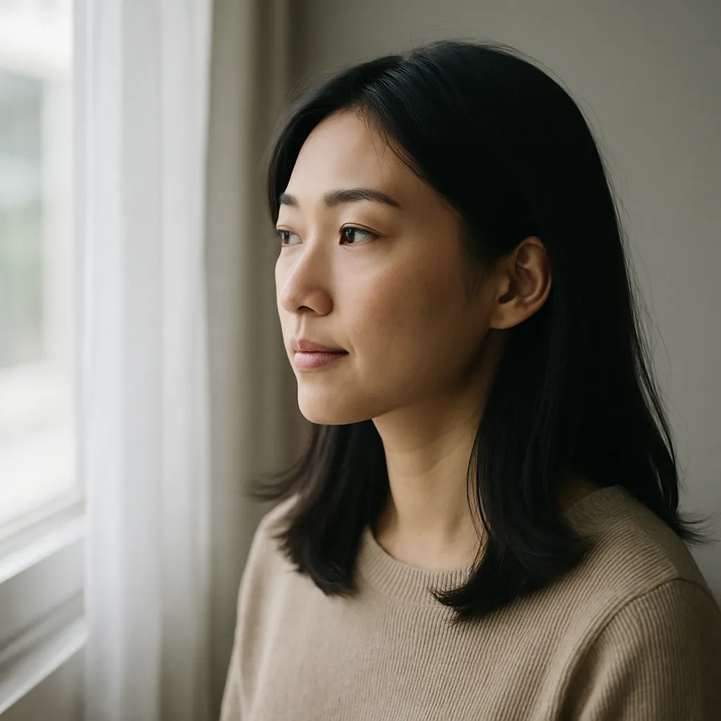 창밖을 바라보며 조용히 생각하는 여성