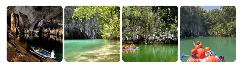 팔라완 푸에르토 프린세사 지하강 국립공원의 보트 탐험 장면, 석회암 동굴과 에메랄드빛 강물이 어우러진 자연 절경