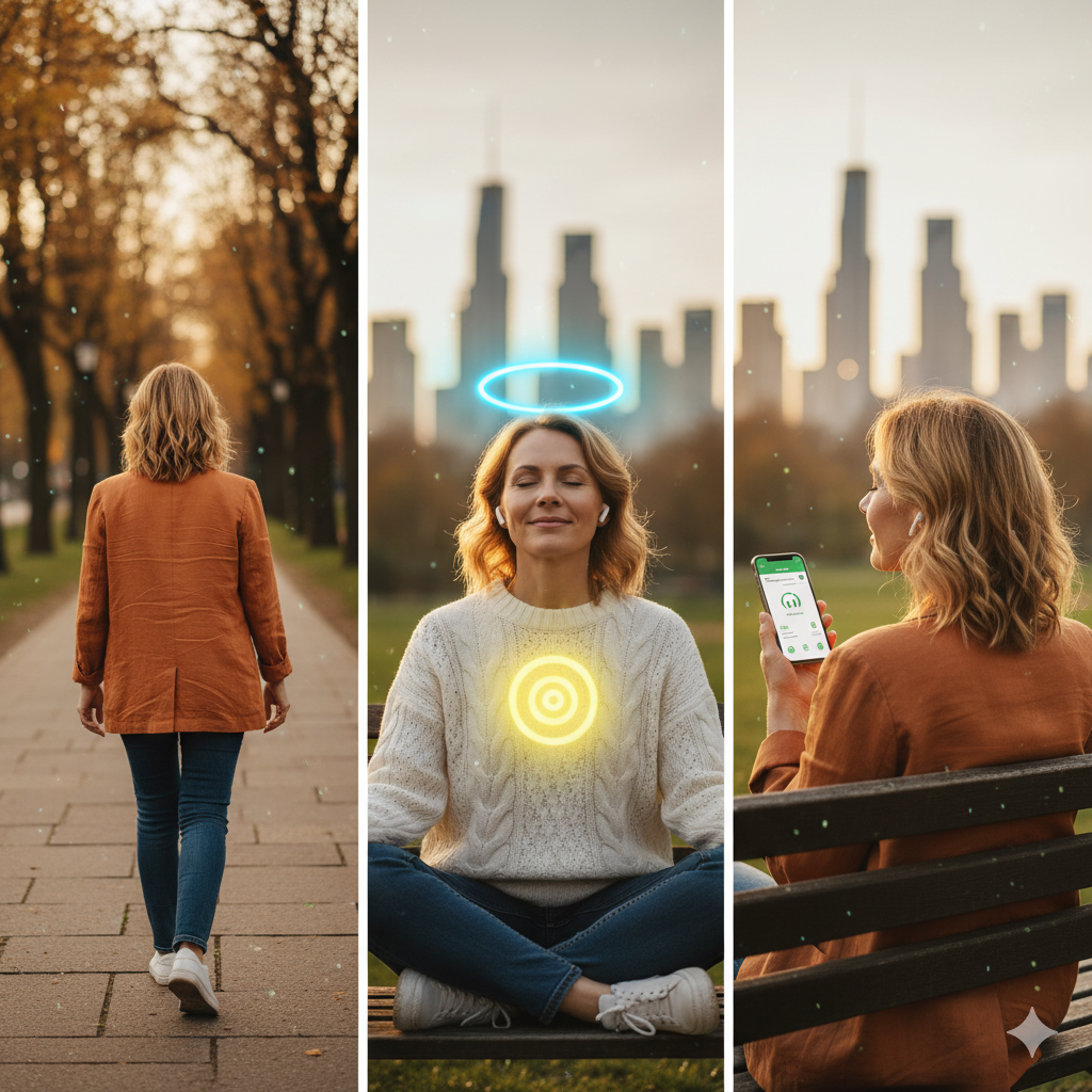 도심 속 공원에서 햇살을 받으며 산책하는 사람의 모습, 자연생활루틴과 힐링습관을 상징하는 장면 (이미지 생성:google)