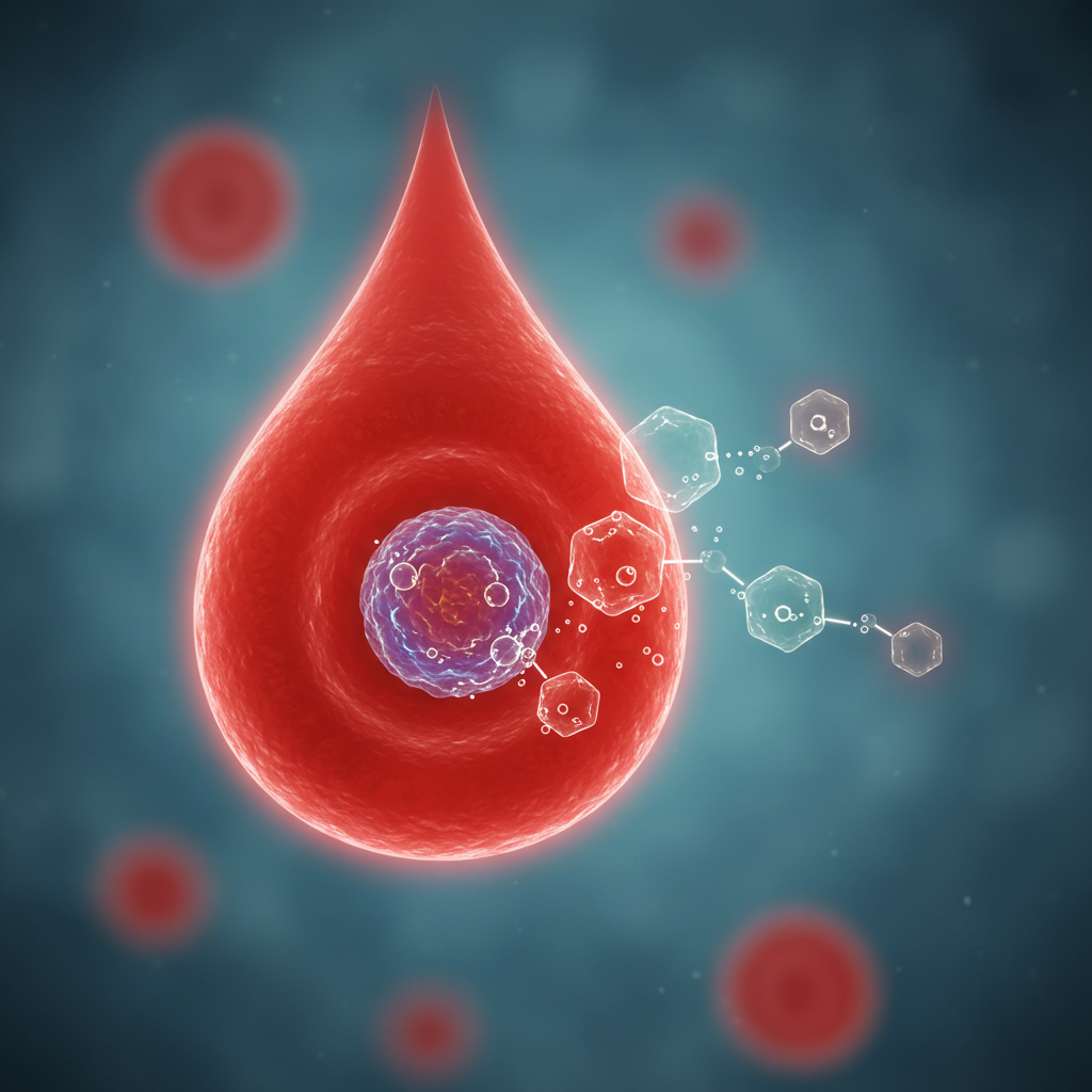 혈액 속 적혈구에 포도당 입자가 붙어 있는 모습을 형상화한 당화혈색소 개념 일러스트