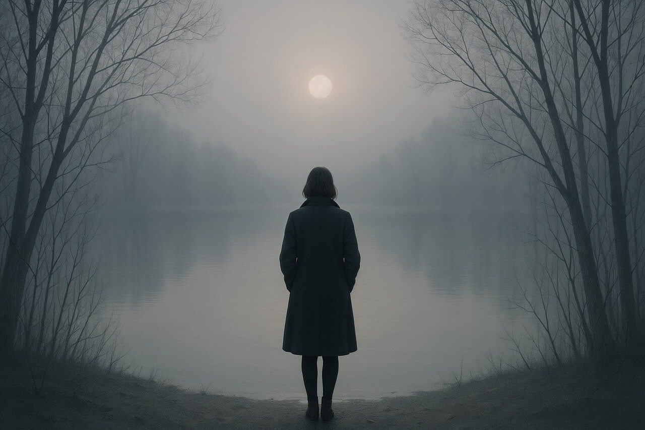 어두운 강앞에 홀로 서있는 여자